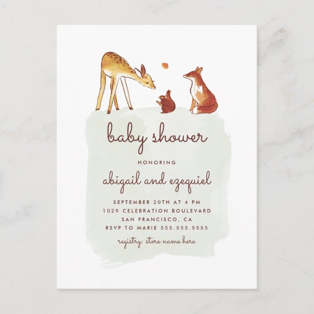 Invitation Carte Postale Watercolor Baby shower d'amis animaux de bois (Devant)