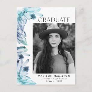 Invitation Carte Postale Watercolor Blue Crystal Photo Graduation Party
