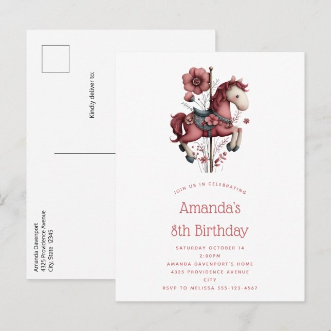 Invitation Carte Postale Whimsical Carousel Horse Image Birthday (Devant / Derrière)