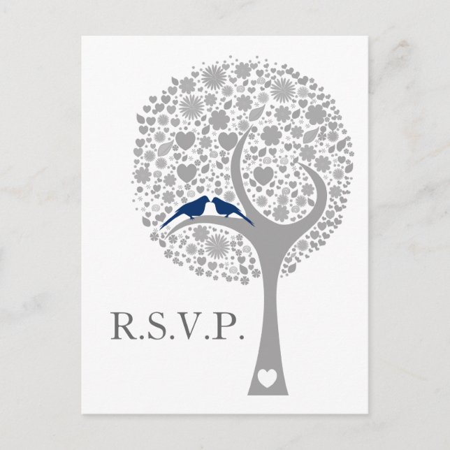 Invitation Carte Postale whimsy tree marine bleu lovebirds mod mariage rsvp (Devant)