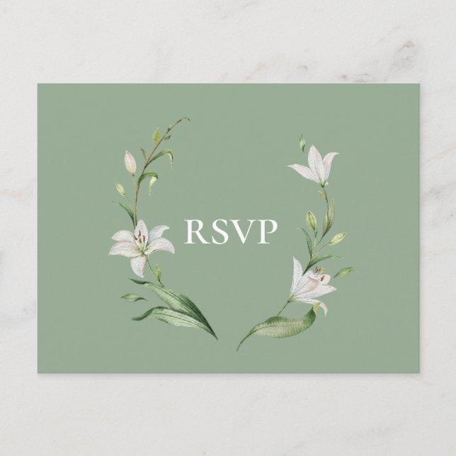 Invitation Carte Postale White Floral Sage Green Wedding RSVP Song Request (Devant)