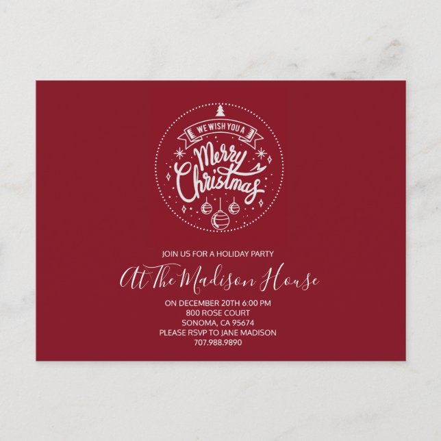 Invitation Carte Postale White On Red Joyer Christmas Party (Devant)