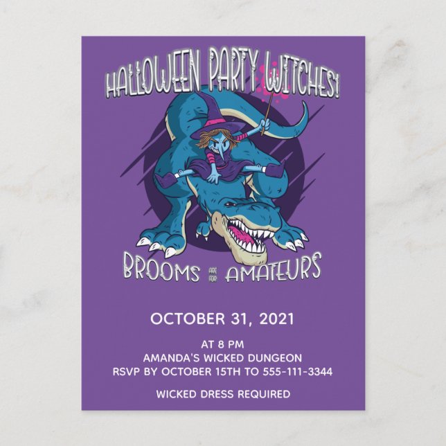Invitation Carte Postale Wicked Witch Sur T-Rex Illustration Parti Hallowee (Devant)