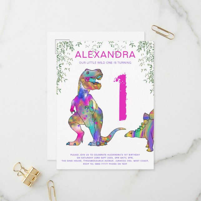 Invitation Carte Postale Wild One Dinosaur 1er Budget de fête d'anniversair (Devant/Arrière en situation)