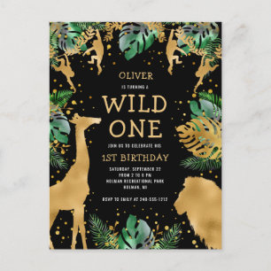 Invitation Carte Postale Wild One Safari 1er anniversaire Black Gold Green
