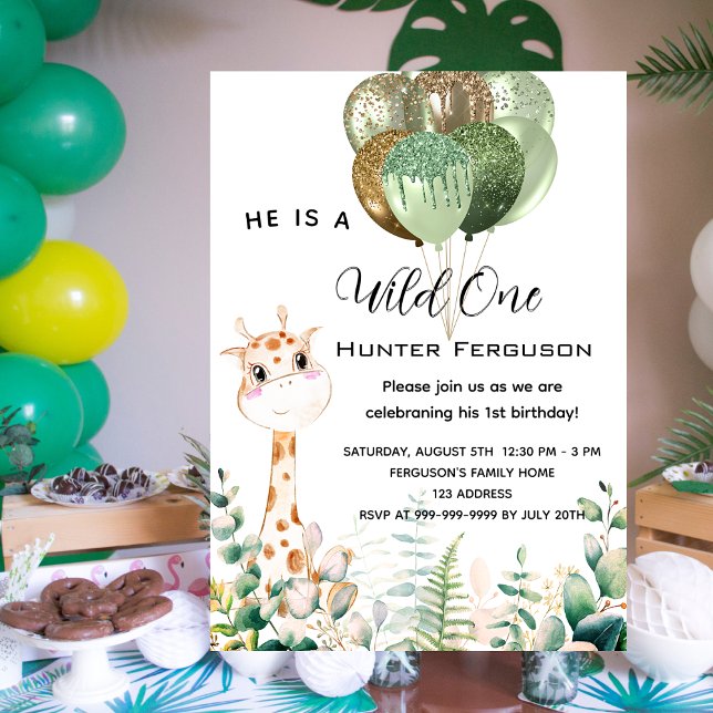 Invitation Carte Postale Wild un 1er anniversaire girafe jungle ballons (Créateur téléchargé)