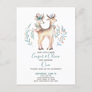 Invitation Carte Postale Woodland Deer Twins Baby's premier anniversaire