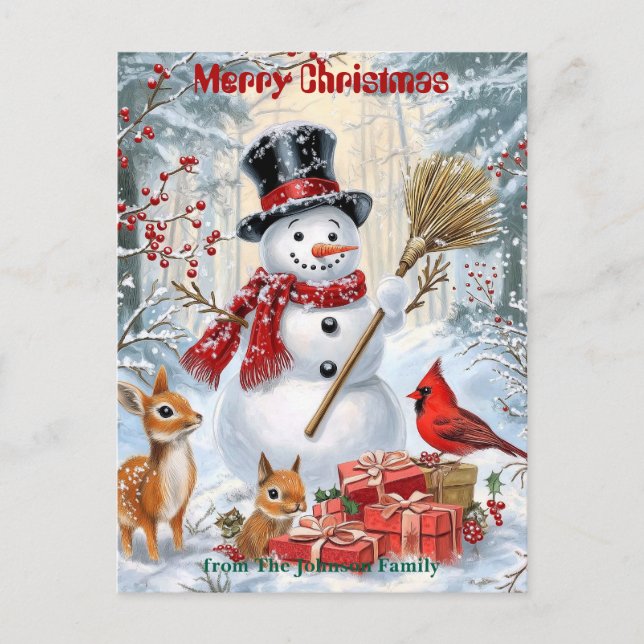 Invitation Carte Postale Woodland Snowman | Noël familial personnalisé (Devant)