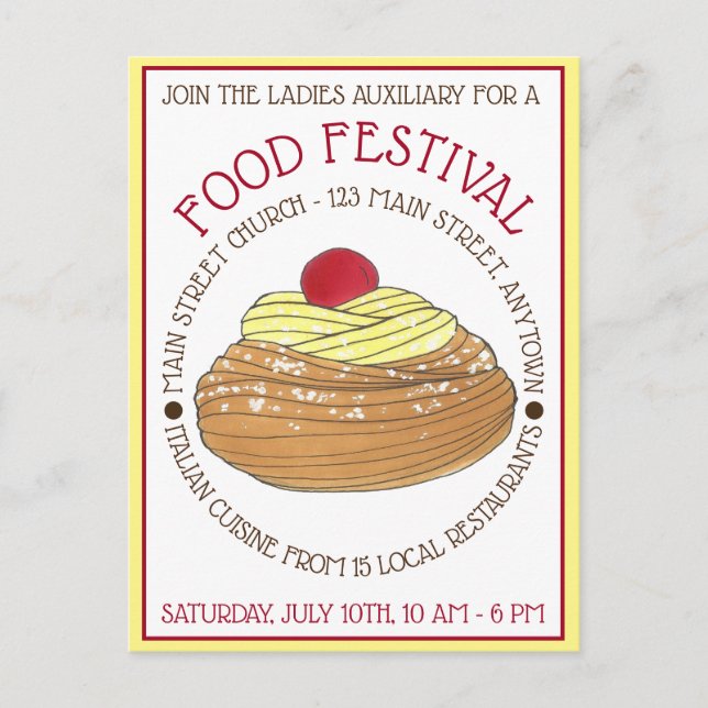 Invitation Carte Postale Zeppole Pâtisserie Italien Sicilien Food Festival (Devant)