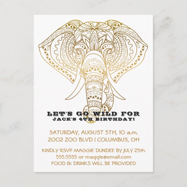 Invitation Carte Postale Zoo Anniversaire Fête Eléphant | Jungle Safari (Devant)
