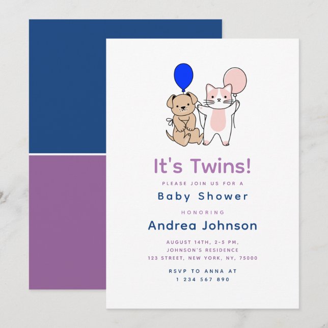 Invitation Cartographier Chien Chat Bleu rose Bleu Baby showe (Devant / Derrière)