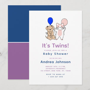 Invitation Cartographier Chien Chat Bleu rose Bleu Baby showe