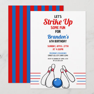 Invitation Carton Blue & Red Bowling Kids 6e anniversaire
