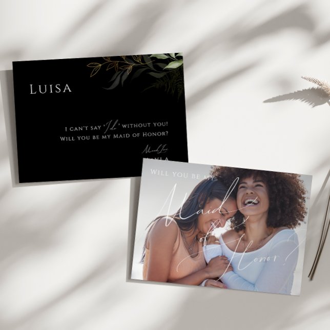 Invitation Carton de demoiselle d'honneur photo noir et or av (Créateur téléchargé)