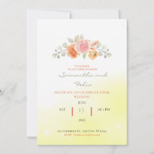 Invitation Carton de Mariage Jaune Abstrait avec des Roses