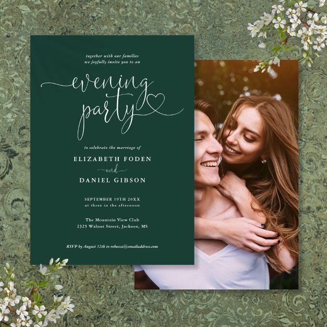 Invitation Carton de mariage photo de soirée vert émeraude (Emerald Green Script Photo Wedding Evening Party Invitation)