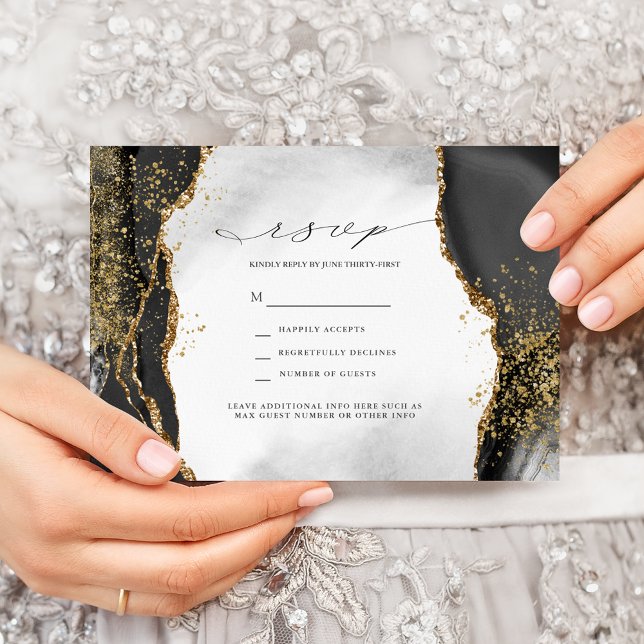 Invitation Carton de réponse de mariage en agate grise, noire (Créateur téléchargé)