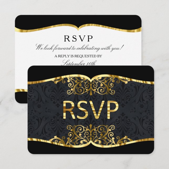 Invitation Carton de réponse élégant en damas noir et or pour (Devant / Derrière)