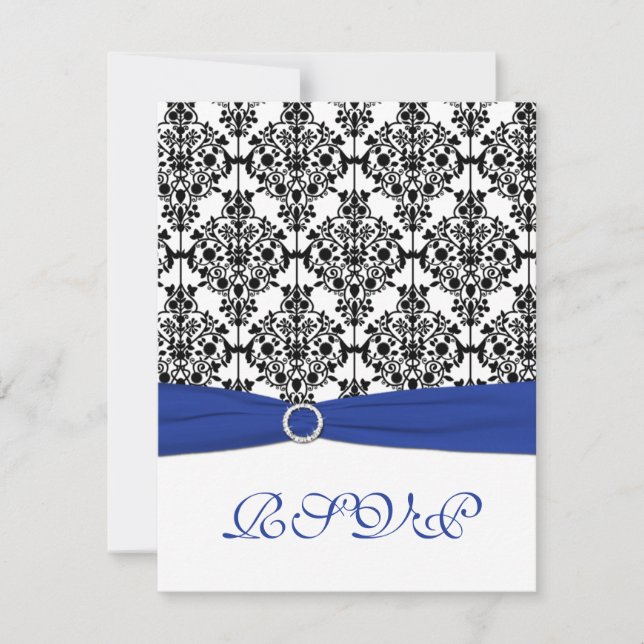 Invitation Carton de réponse en damas royal bleu, blanc et no (Devant)