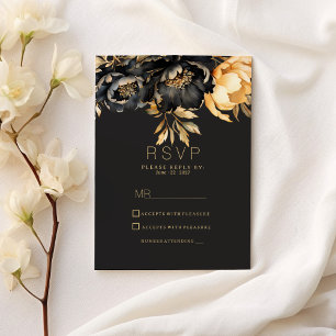 Invitation Carton de réponse floral de luxe classe noir or pi