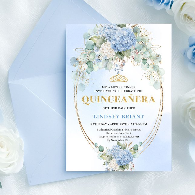 Invitation Carton d'invitation 15 ans Luxe Hydrangeas Bleus O (Luxury Blue Hydrangeas Gold 15th Birthday Invite)