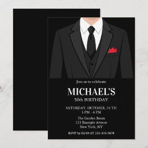 Invitation Carton d'invitation 50 ans Smoking noir Poche roug