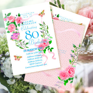 Invitation Carton d'invitation 80 ans Ruban Rose Rose