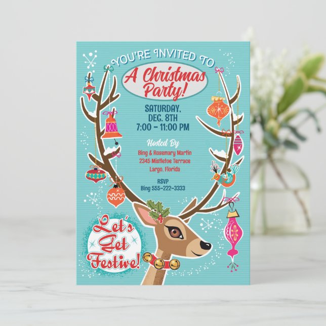 Invitation Carton d'invitation à la fête de Noël des rennes r (Debout devant)