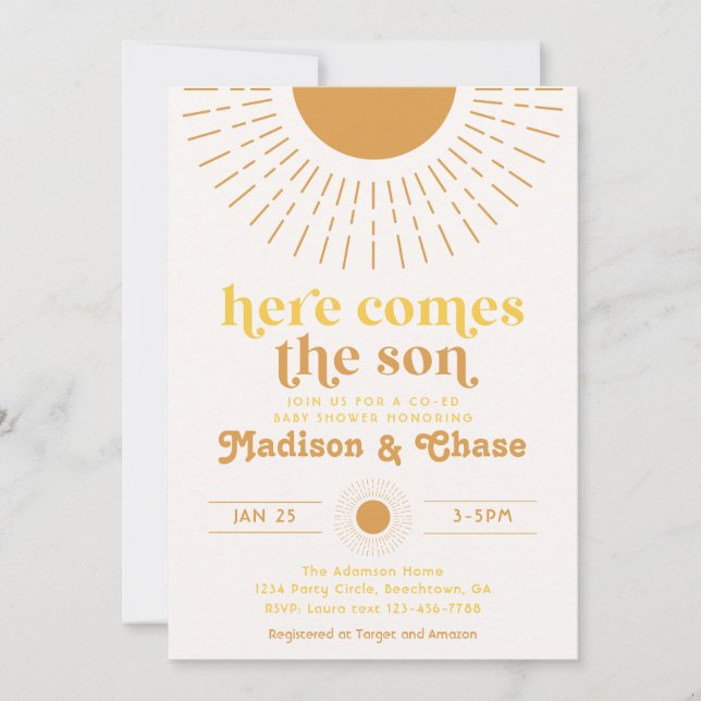 Invitation Carton d'invitation à une Baby Shower Co-Ed « Here (Devant)