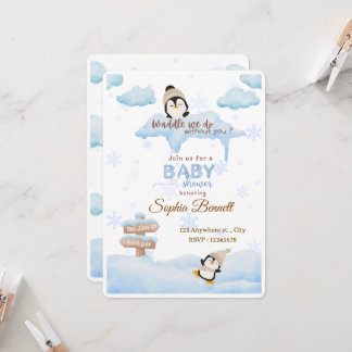 Invitation Carton d'invitation à une baby shower de manchot