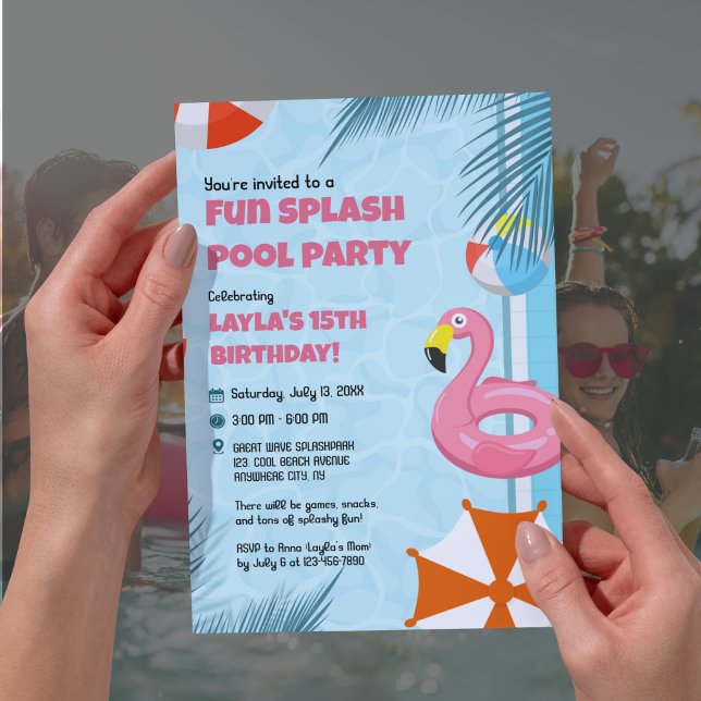 Invitation Carton d'invitation à une fête d'anniversaire Pisc (Pink & Blue Splash Pool Party Birthday Invitation)