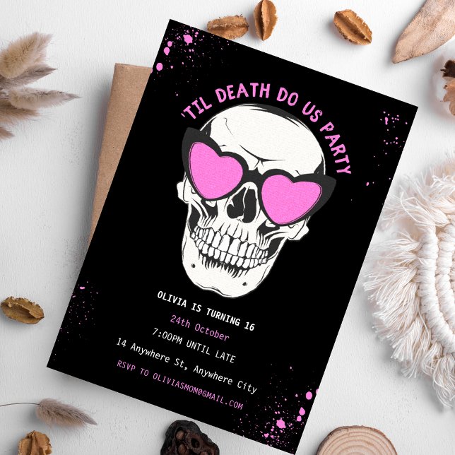 Invitation Carton d'invitation à une soirée Black and Pink Sk (Black and Pink Skull Birthday Party Invitation)