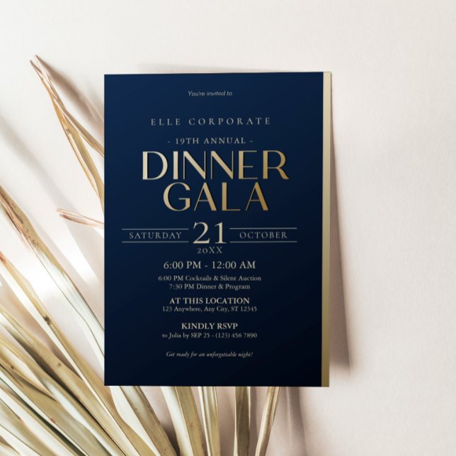 Invitation Carton d'invitation au dîner de gala en bleu marin (Corporate Navy Blue Gold Dinner Gala Invitation Card)