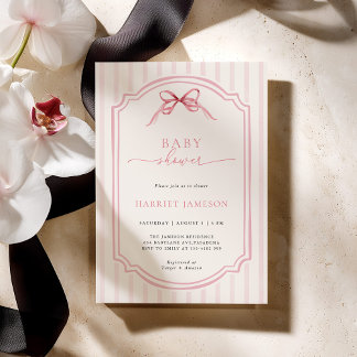 Invitation Carton d'invitation Baby Shower à rayures et noeud