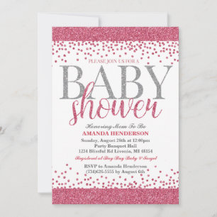 Invitation Carton d'invitation Baby Shower rose et argent pai
