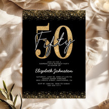 Carton d'invitation chic noir or pour 50e annivers