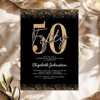 Invitation Carton d'invitation chic noir or pour 50e annivers