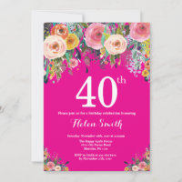 Carton d'invitation d'anniversaire 40 ans à fleurs