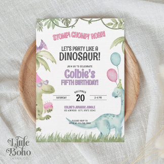 Invitation Carton d'invitation d'anniversaire de fille dinosa