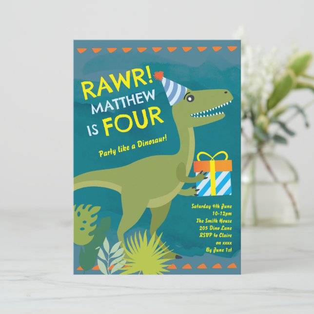 Invitation Carton d'invitation d'anniversaire de garçon dinos (Debout devant)