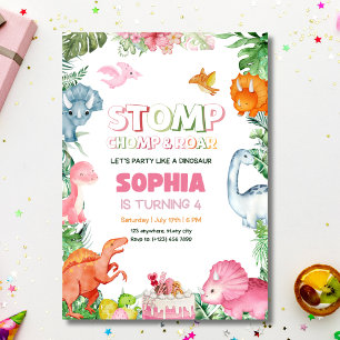 Invitation Carton d'invitation d'anniversaire dinosaure rose 