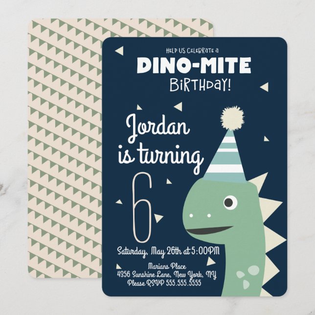 Invitation Carton d'invitation d'anniversaire Dinosaure Vert (Devant / Derrière)