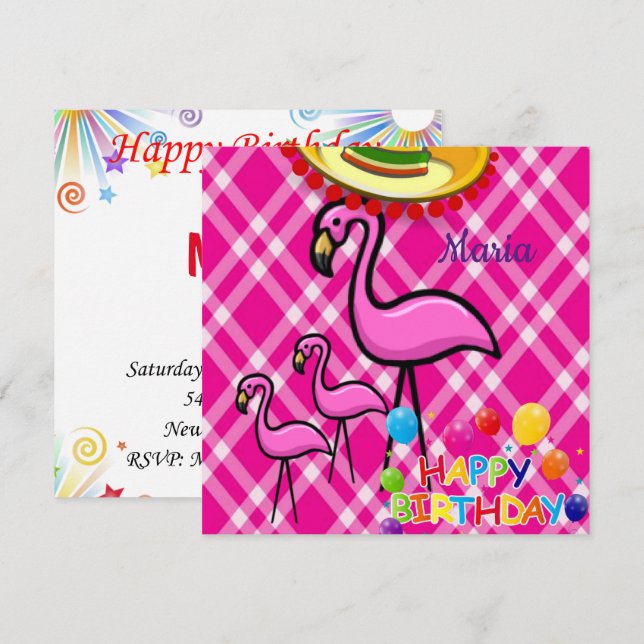 Invitation Carton d'invitation d'anniversaire flamant rose (Devant / Derrière)