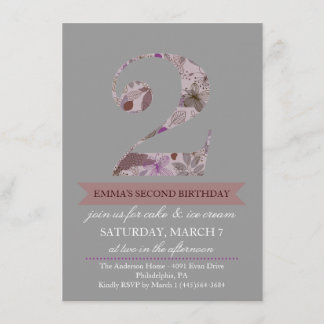 Invitation Carton d'invitation d'anniversaire floral gris et 