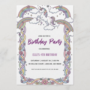 Invitation carton d'invitation d'anniversaire licorne arc-en-