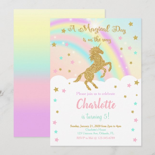 Invitation Carton d'invitation d'anniversaire Licorne Arc-en- (Devant / Derrière)