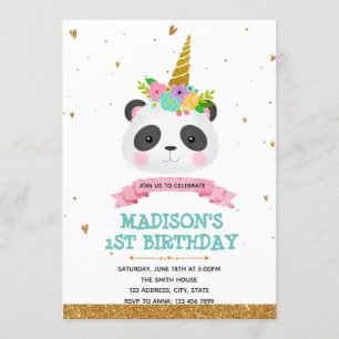Invitation Carton d'invitation d'anniversaire licorne panda