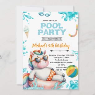 Invitation Carton d'invitation d'anniversaire Licorne Pool Pa