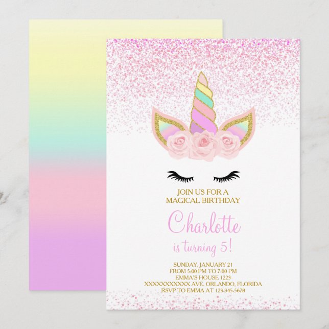 Invitation Carton d'invitation d'anniversaire Licorne Rose (Devant / Derrière)