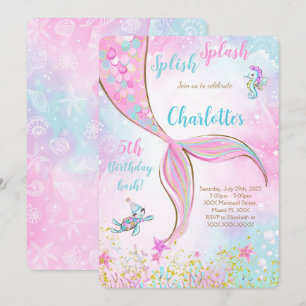 Invitation Carton d'invitation d'anniversaire Sirène rose